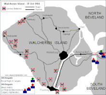 Walcheren showing the locations of the German gun batteries, the main towns and the Canadian units involved. Walcheren2.gif