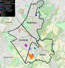 Map of catchment areas for Williamwood and associated schools Wiliamwood High School Catchment areas.png