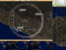 Screen capture from Windows on Earth showing the coast of Peru with three marked targets, orbital track, and the 10-minute look-ahead. WinEarth screen Peru coast.png