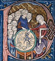 Woman teaching geometry. Illustration at the beginning of a medieval translation of Euclid's Elements, (c. 1310). Woman teaching geometry.jpg