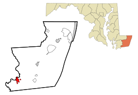 Worcester County Maryland Incorporated and Unincorporated areas Pocomoke City Highlighted.svg