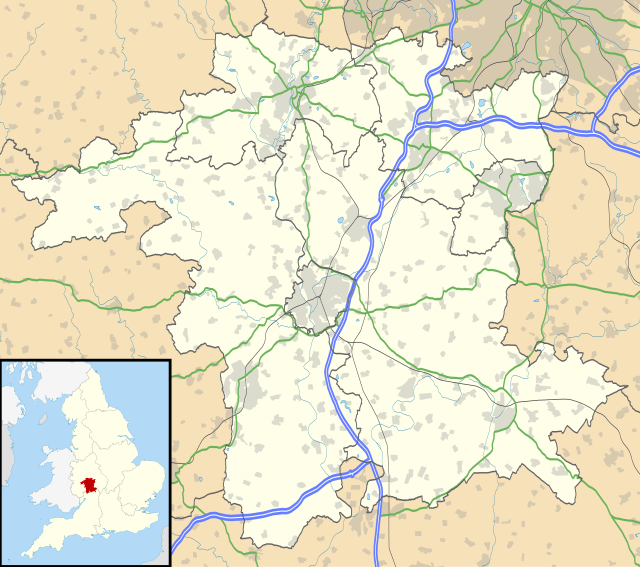 Mapa konturowa Worcestershire, w centrum znajduje się punkt z opisem „Katedra w Worcesterze”