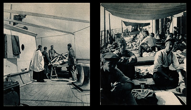 File:World War One; two scenes from a hospital ship, a burial ser Wellcome V0015700.jpg