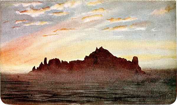 Watercolour of a small, craggy island backlit by low sun