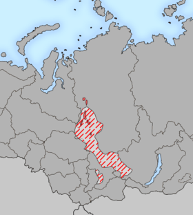 Répartition des langues ienisseïennes à la fin du XXe siècle (en rose plein) et estimation au XVIIe siècle (hachuré en rouge).