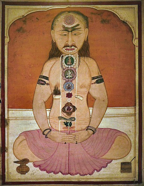 Manuscript painting of a yogin in meditation, showing the chakras and the three main nāḍīs (channels) of the subtle body. A small serpent, representin