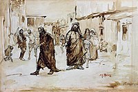 Люди висміюють та побивають камінням пророка, що проходить по вулиці, бл. 1890. Малюнок до вірша М. Ю. Лермонтова)