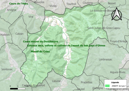 Carte des ZNIEFF de type 1 sur la commune.