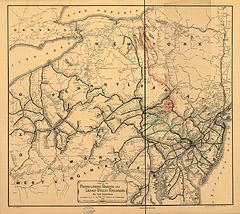 1884 map of the Pennsylvania, Reading and Lehigh Valley Railroads after the Reading jointly acquired the Philadelphia and Atlantic City Railway with the Central Railroad of New Jersey 1884 PRR RDG LVRR.jpg