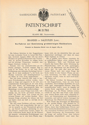 Patentschrift No. 31781 des Kaiserlichen Patentamts, Brandes in Salzuflen (Lippe): „Verfahren zur Gewinnung grobkörnigen Kochsalzes.“