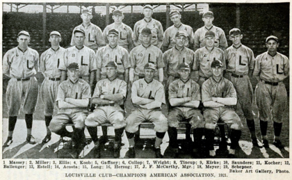 Nineteen men in light baseball uniforms