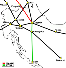 Zagreb FIR in 1976, showing route of BA476 (red) and JP550 (green). Not to scale. 1976zagfir.png