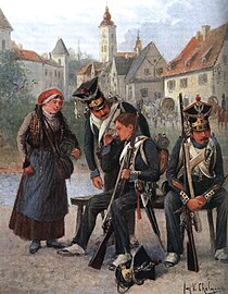 Cantonnement en ville de l'armée polonaise pendant les guerres napoléoniennes, toile de Jan Chełmiński (1851-1925).