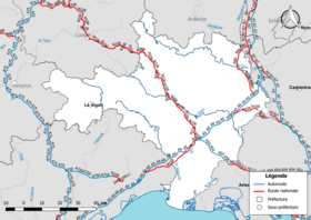 Mappa della rete stradale nazionale (autostrade e strade nazionali) nel dipartimento del Gard