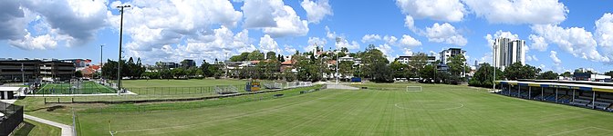 Panorama view of Bowen Hills from east to south from Perry Park, Bowen Hills (2021) AU-Qld-Bowen Hills-Perry Park playing fields panorama-2021.jpg