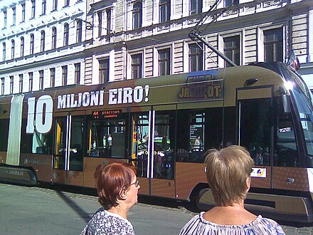 Advertising on a tram using the word 'eiro' for the euro