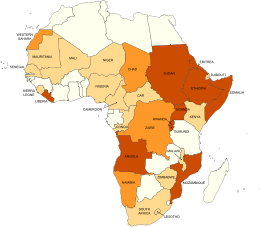 Africa's wars and conflicts, 1980-96

.mw-parser-output .legend{page-break-inside:avoid;break-inside:avoid-column}.mw-parser-output .legend-color{display:inline-block;min-width:1.25em;height:1.25em;line-height:1.25;margin:1px 0;text-align:center;border:1px solid black;background-color:transparent;color:black}.mw-parser-output .legend-text{}
Major Wars/Conflict (100,000 + Casualties)
Minor Wars/Conflict
Other Conflicts Africa's wars and conflicts, 1980-96.svg