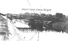 Albert Canal bridge with support boat, 15 September 1944 Albert Canal bridge Second try works with boat.jpg
