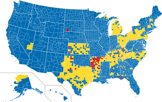 Map showing dry (red), wet (blue), and mixed (yellow) counties in the United States as of March 2012. (See List of dry communities by U.S. state.) Alcohol control in the United States.svg