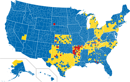 Map of alcohol control laws in the United States:Red = dry counties, where selling alcohol is prohibitedYellow = semi-dry counties, where some restrictions apply;Blue = no restrictions