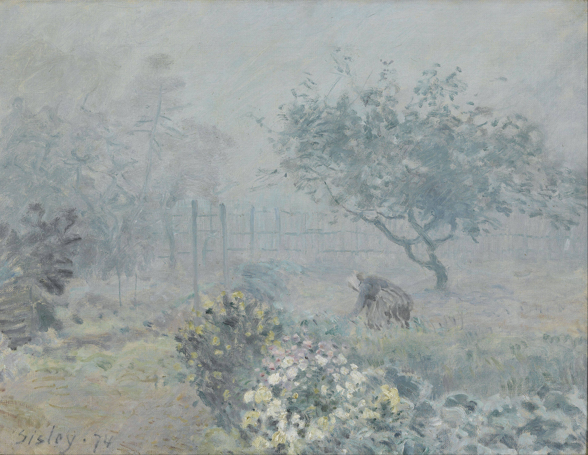 A foggy landscape of indistinct trees and fenced and flowers. The figure (or two?) of women working in the garden emerge from the blur.