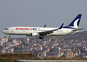 AnadoluJet Boeing 737-800 přistávající na mezinárodním letišti Sabiha Gökçen.jpg