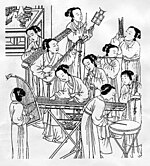 Gravura chinesa antiga de instrumentistas femininas