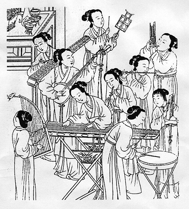 Ancient Chinese engraving of female instrumentalists