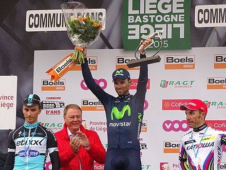 Valverde sur le podium après sa victoire sur Liège-Bastogne-Liège 2015