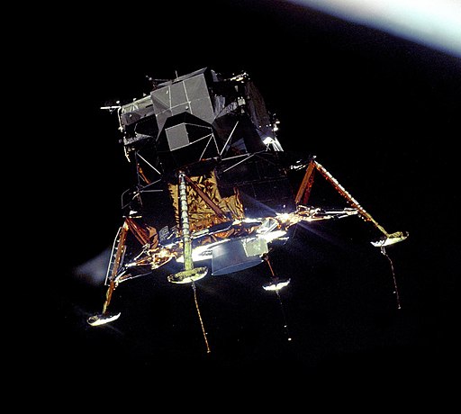 Apollo 11 Lunar Module Eagle in landing configuration in lunar orbit from the Command and Service Module Columbia