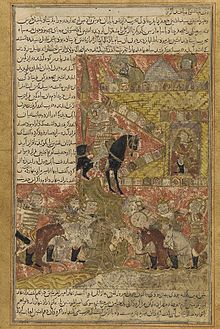 Balami - Tarikhnama - Babak parleys with the Afshin Haydar, the Caliph al-Mu'tasim's general.jpg