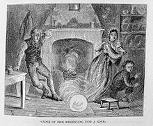 Gravure en noir et blanc présentant un intérieur du XIXe siècle dans lequel circule une boule de feu à la vue d'une famille affolée.