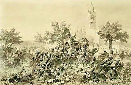 The Battle of Santa Lucia. The Piedmontese grenadiers attack and are opposed by effectively stationed Austrian forces.