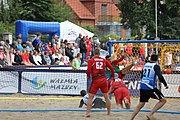 Deutsch: Beachhandball Europameisterschaften 2019 (Beach handball Euro); Tag 3: 4. Juli 2019 – Männer, Hauptrunde Gruppe II, Ungarn-Schweiz 2:0 (26:24, 27:24) English: Beach handball Euro; Day 3: 4 July 2019 – Men Main Round Group II – Hungary-Switzerland 2:0 (26:24, 27:24)