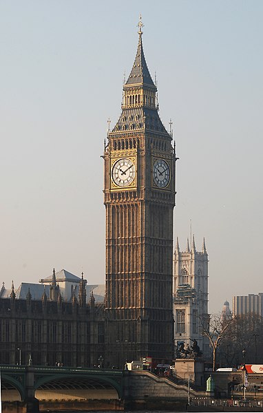 Probably the most famous turret clock is located in the Elizabeth Tower at the north end of the Palace of Westminster in London and rings the bell "Bi