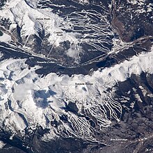 A view of Breckenridge (bottom) and Copper Mountain (top) with Colorado State Highway 91 in-between. Taken from the ISS on October 24, 2008. Breckenridge and Copper Mountain Ski Slopes, Colorado.jpg