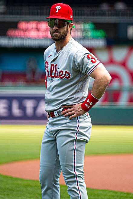 Bryce Harper Stare Down Pregame from Nationals vs. Phillies at Nationals Park, May 13th, 2021 (All-Pro Reels Photography) (51188354283) (cropped).jpg