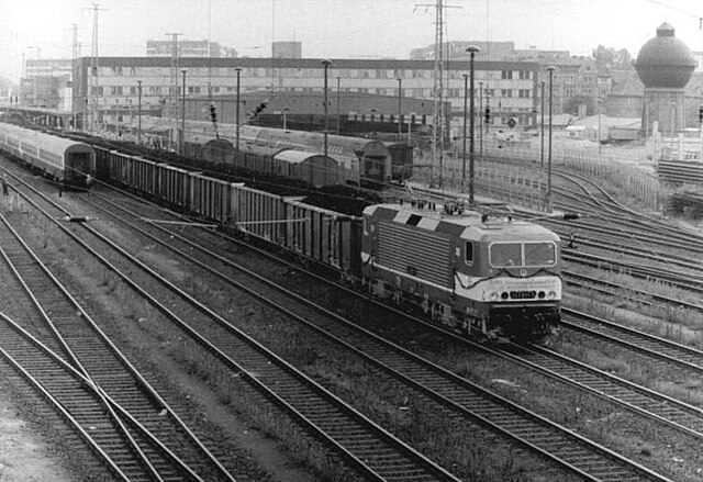 Cottbus station, departing freight train (1989)