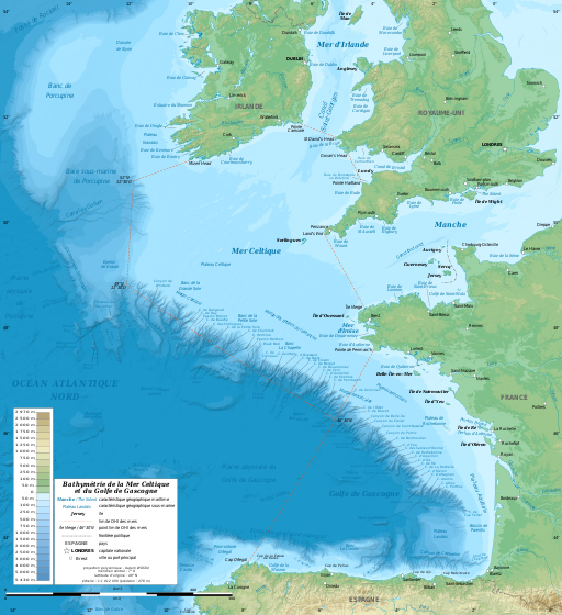 Celtic Sea and Bay of Biscay bathymetric map-fr