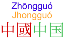 The word for 'China', written in Hanyu Pinyin, Tongyong Pinyin, and Chinese characters (traditional and simplified) China hanzi.png