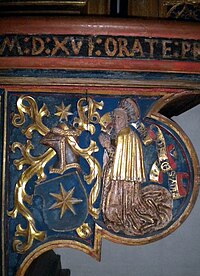 The canting coat of arms of Gyllenstierna, and an illustration of Kristina Nilsdotter Gyllenstierna. Christina Gyllenstierna relief 2009 West Aros.jpg