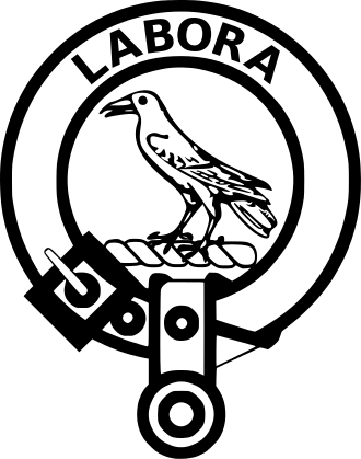 Crest badge derived from the arms of Mackie of Larg. The crest within is blazoned A raven Proper and the motto is LABORA (Latin for "Toil"). Clan member crest badge - Clan Mackie.svg