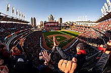 Fans celebrate at Progressive Field as Oscar Gonzalez rounds the bases on his walk-off home run Cleveland Guardians vs. Tampa Bay Rays 2022 Wild Card Playoffs (52416822667).jpg