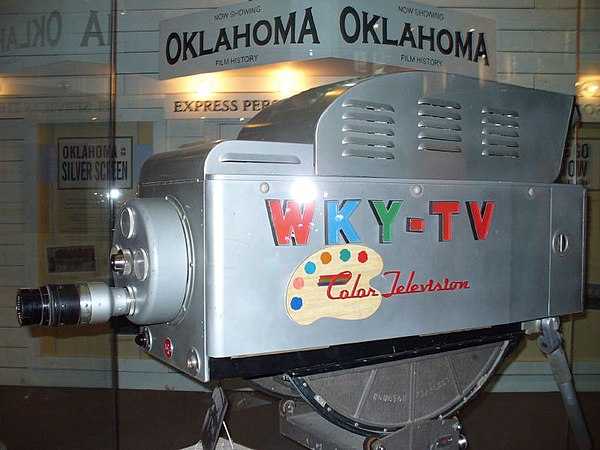 A WKY-TV RCA TK-40 color television camera on display at the Oklahoma History Center. WKY-TV was the first non-network owned television station to originate local programming in color in 1954.[80]