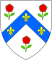 Arms of Cope of w:Hanwell Castle, Oxfordshire, baronets: Argent, on a chevron azure between three roses gules slipped proper as many fleurs-de-lys or