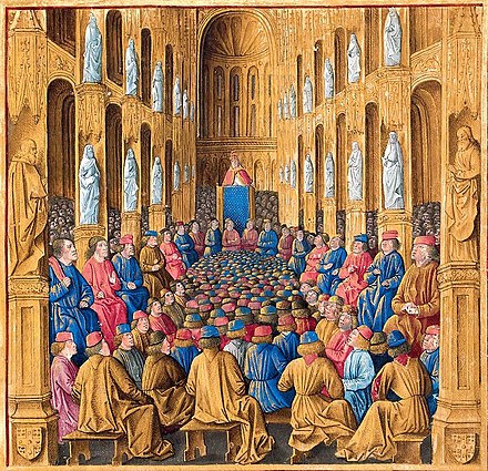 Pope Urban II at the Council of Clermont. Illustration from a copy of Sébastien Mamerot's Livre des Passages d'Outremer (Jean Colombe, c. 1472–75, BNF Fr. 5594)