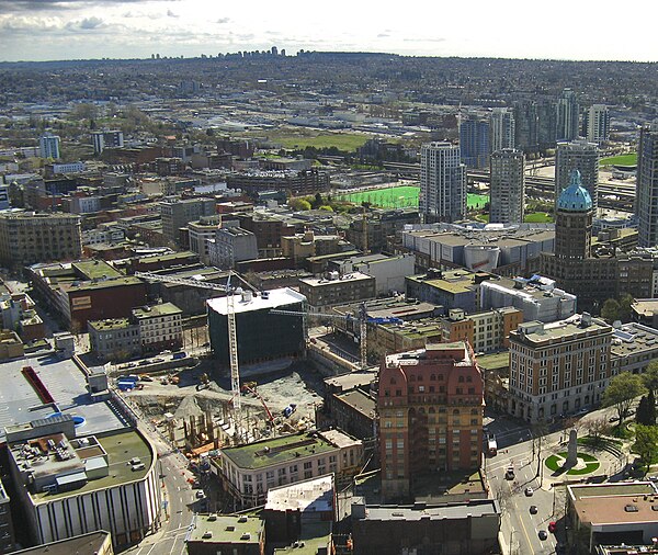 Downtown Eastside and Woodward's site from Harbour Centre in 2007
