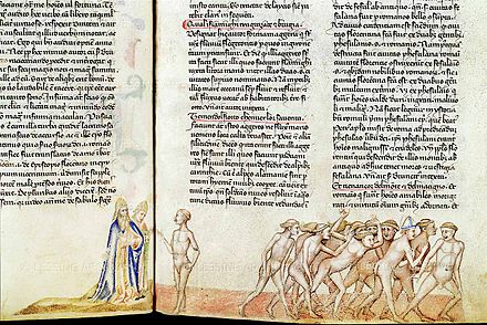 Dante and Virgil interview the sodomites, from Guido da Pisa [it]'s commentary on the Commedia, c. 1345