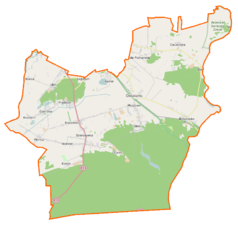 Mapa konturowa gminy Deszczno, w centrum znajduje się punkt z opisem „Deszczno”