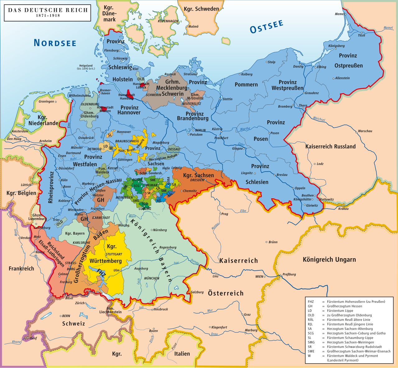 Political map of central Europe showing the 26 areas that became part of the united German Empire in 1891. Germany based in the northeast, dominates in size, occupying about 40% of the new empire.